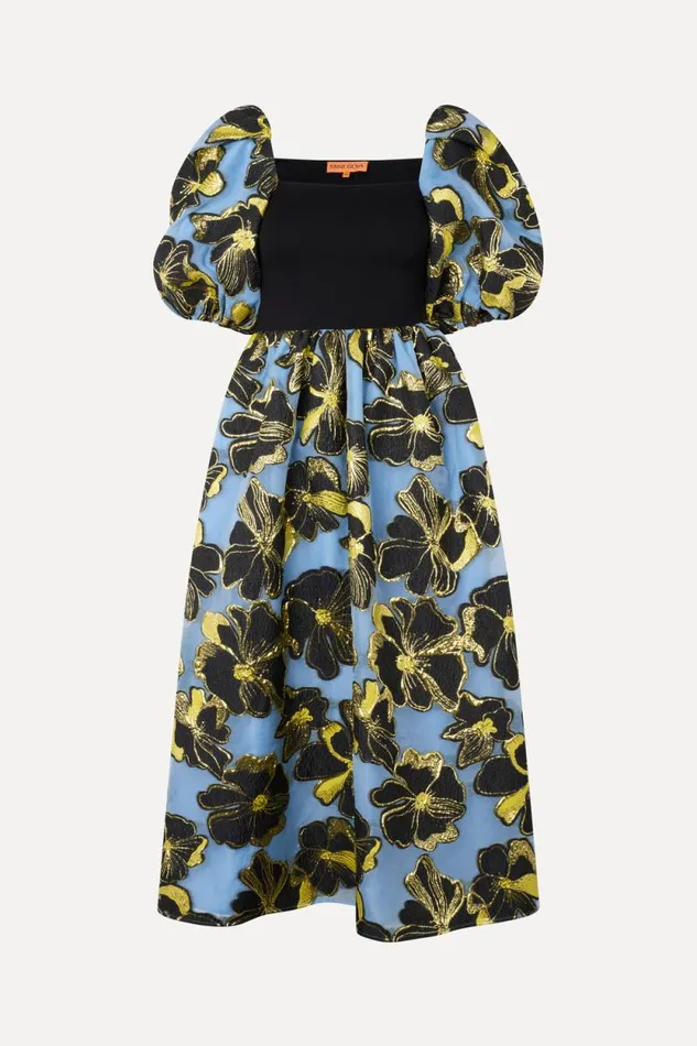 Stine Goya Dresses 34 Sleeve Combo Bodice Midi Dress 8211 Blue Anemone Jacquard 8211 Women