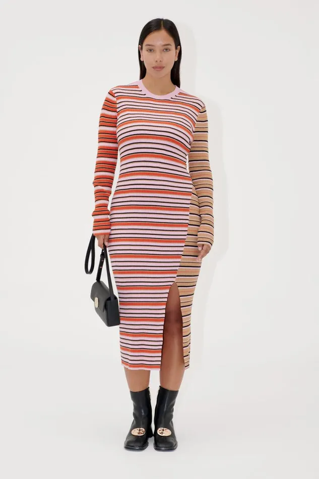 Stine Goya Dresses Long Sleeve Knit Dress WSlit 8211 Cream Stripes Pink Stripes 8211 Women Stine Goya Dresses Long Sleeve Knit Dress WSlit 8211 Cream Stripes Pink Stripes 8211 Women