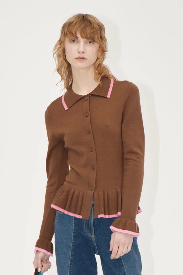 Stine Goya Knitwear Linear Ruffle Cardigan 8211 Partridge Brown 8211 Women
