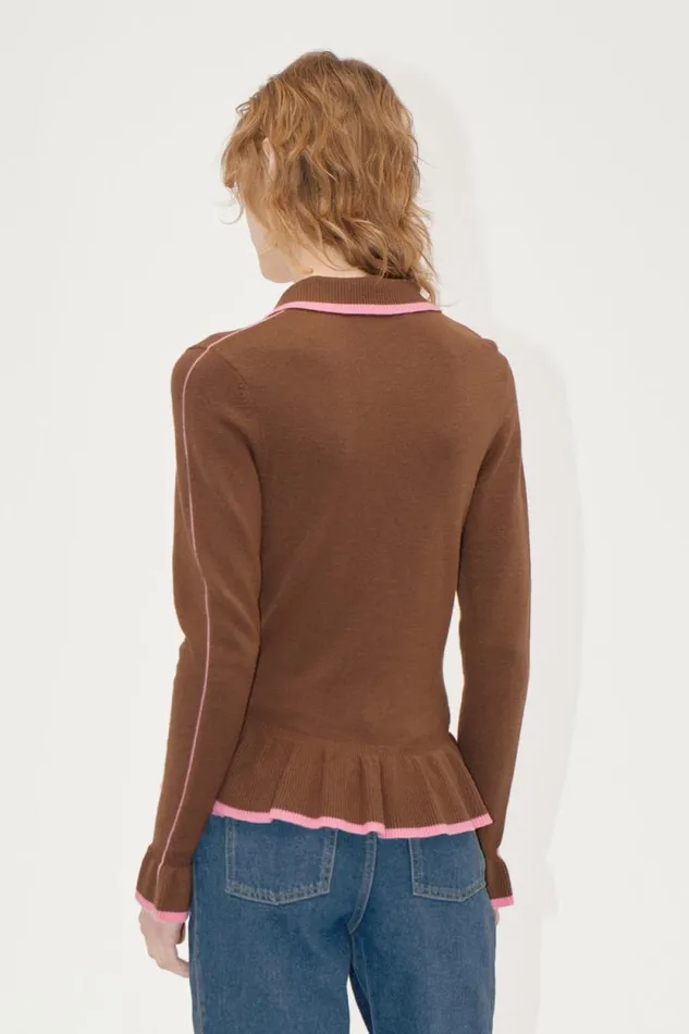 Stine Goya Knitwear Linear Ruffle Cardigan 8211 Partridge Brown 8211 Women