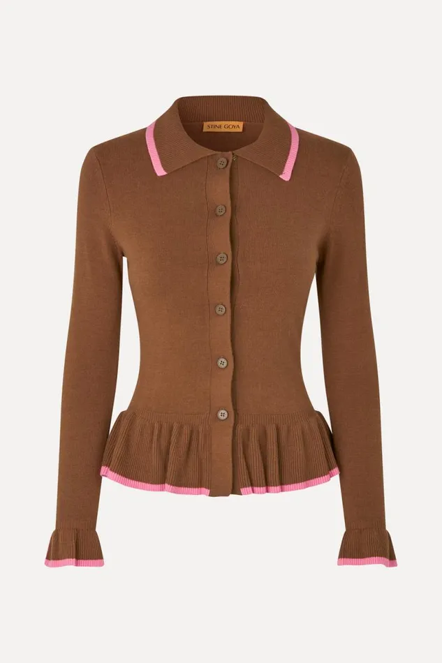 Stine Goya Knitwear Linear Ruffle Cardigan 8211 Partridge Brown 8211 Women