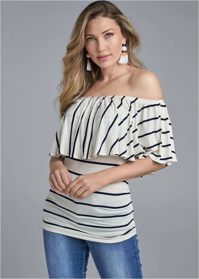 Striped OffShoulder Top Navy and White Women VENUS Short Sleeve Tops