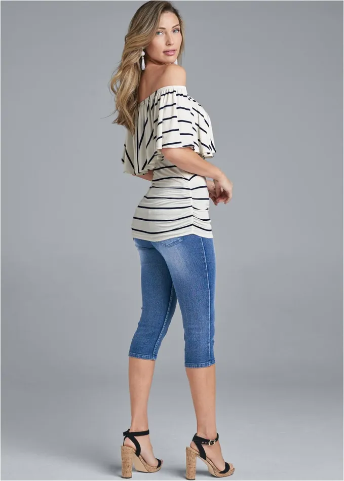 Striped OffShoulder Top Navy and White Women VENUS Short Sleeve Tops
