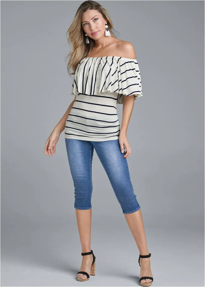 Striped OffShoulder Top Navy and White Women VENUS Short Sleeve Tops