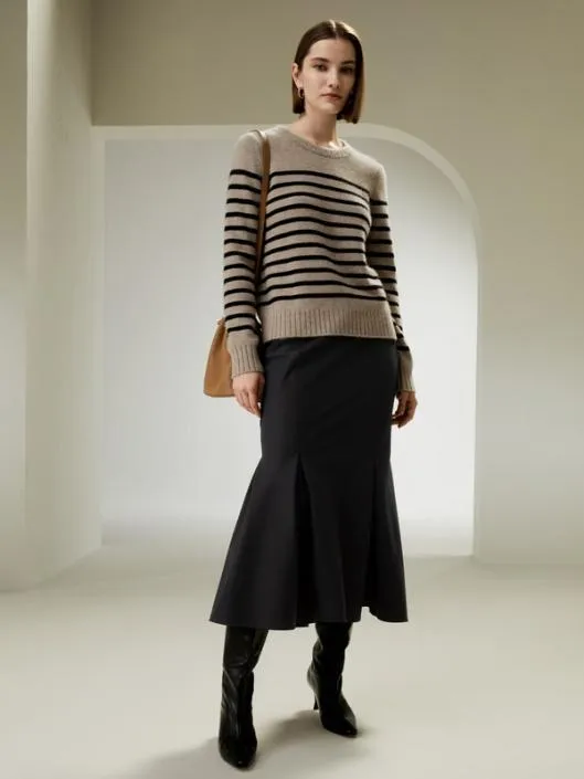 Striped Round Collar Cashmere Sweater Women Lilysilk Knitwear
