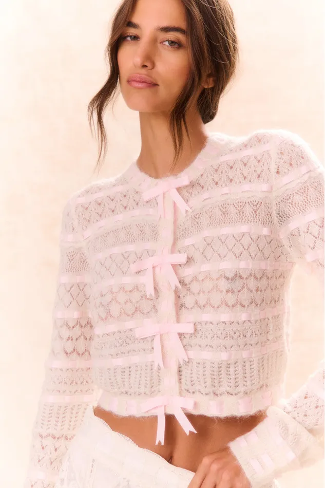 Sweaters Women LoveShackFancy Roselline BowDetailed Knit Cardigan Vanilla Rose Sweaters Women LoveShackFancy Roselline BowDetailed Knit Cardigan Vanilla Rose