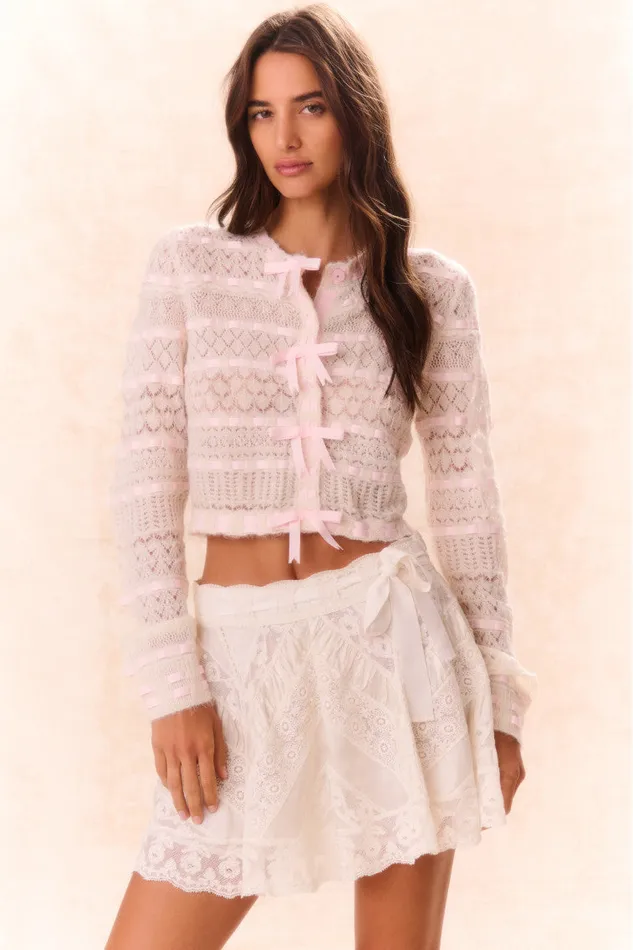 Sweaters Women LoveShackFancy Roselline BowDetailed Knit Cardigan Vanilla Rose