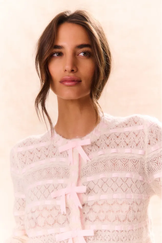 Sweaters Women LoveShackFancy Roselline BowDetailed Knit Cardigan Vanilla Rose