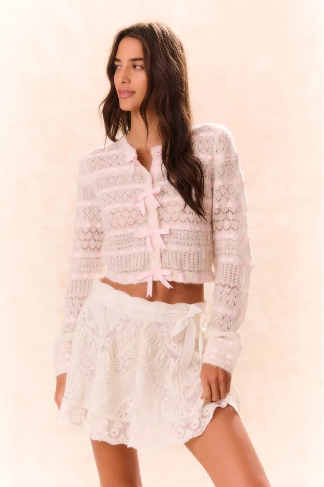 Sweaters Women LoveShackFancy Roselline BowDetailed Knit Cardigan Vanilla Rose