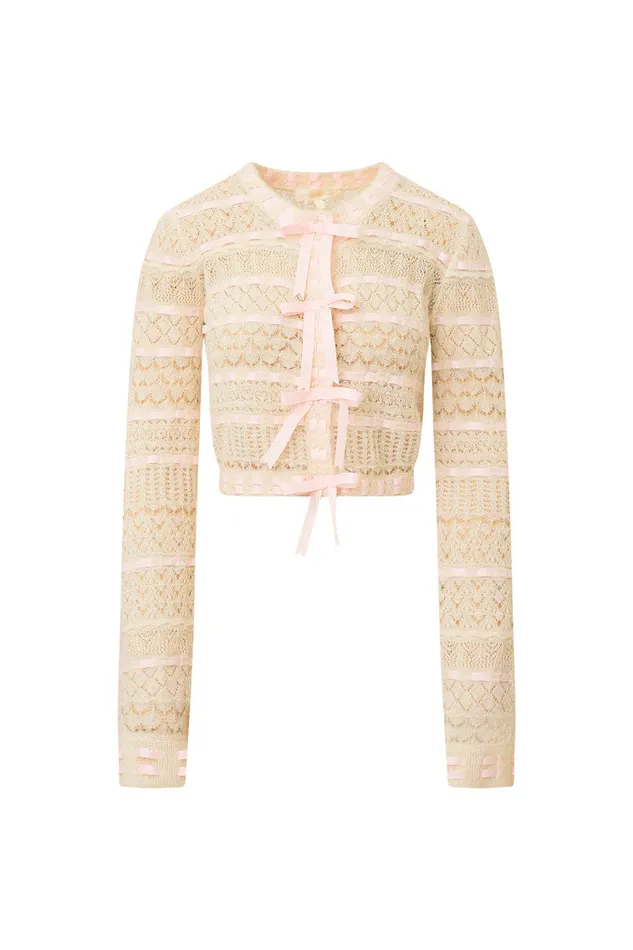 Sweaters Women LoveShackFancy Roselline BowDetailed Knit Cardigan Vanilla Rose