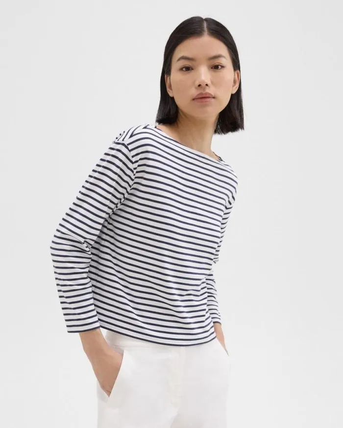 TShirts Tank Tops Women Theory Boat Neck Tee In Striped Cotton Jersey Navy Multi TShirts Tank Tops Women Theory Boat Neck Tee In Striped Cotton Jersey Navy Multi