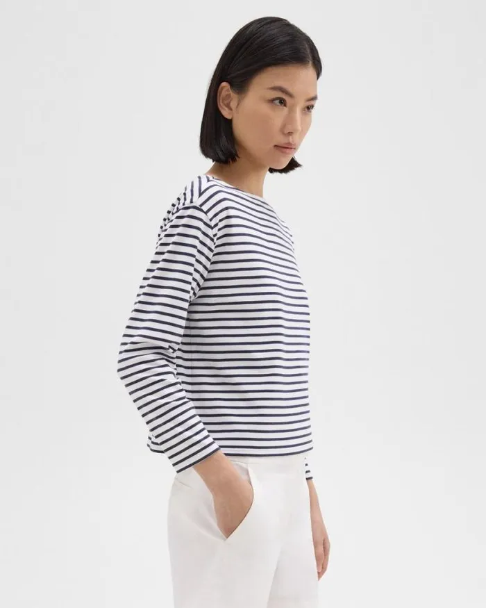 TShirts Tank Tops Women Theory Boat Neck Tee In Striped Cotton Jersey Navy Multi TShirts Tank Tops Women Theory Boat Neck Tee In Striped Cotton Jersey Navy Multi
