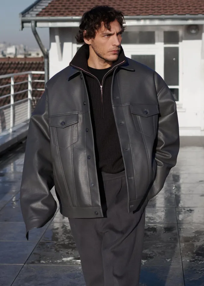 The Frankie Shop Outerwear Conan Faux Leather Jacket 8211 Dark Grey 8211 WomenMen