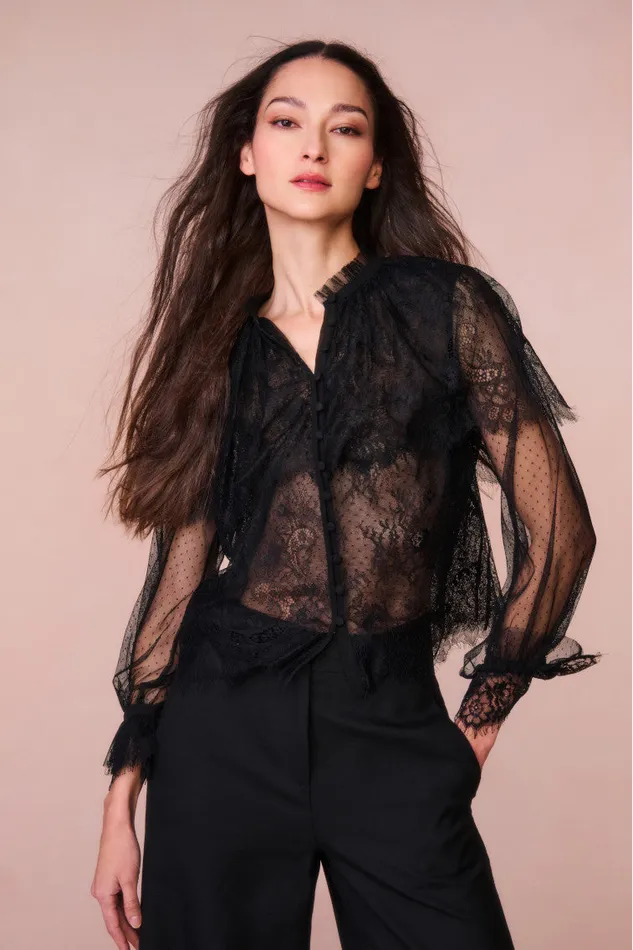 Tops Women LoveShackFancy Duquette Sheer Lace Top Black