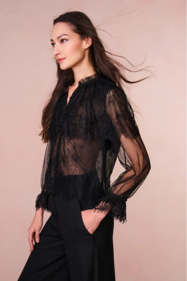 Tops Women LoveShackFancy Duquette Sheer Lace Top Black