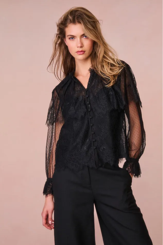 Tops Women LoveShackFancy Duquette Sheer Lace Top Black