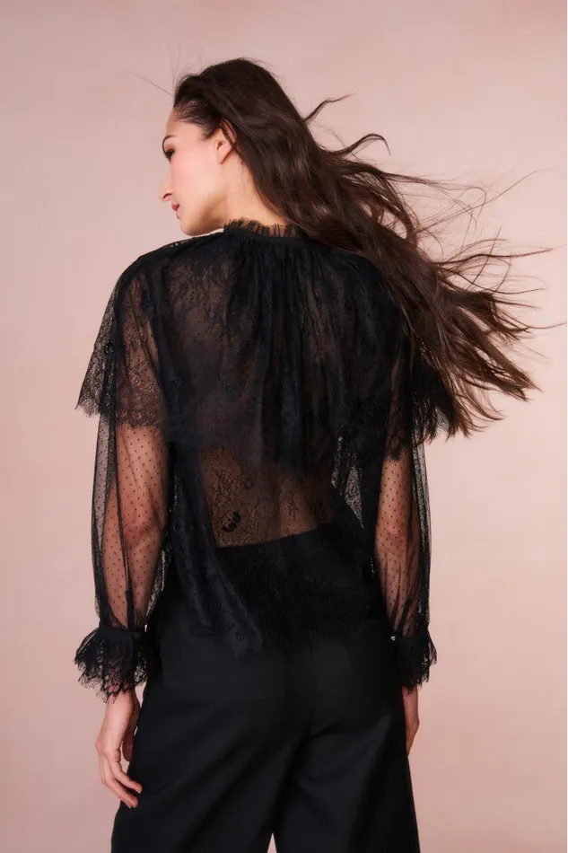 Tops Women LoveShackFancy Duquette Sheer Lace Top Black