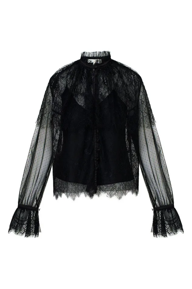 Tops Women LoveShackFancy Duquette Sheer Lace Top Black