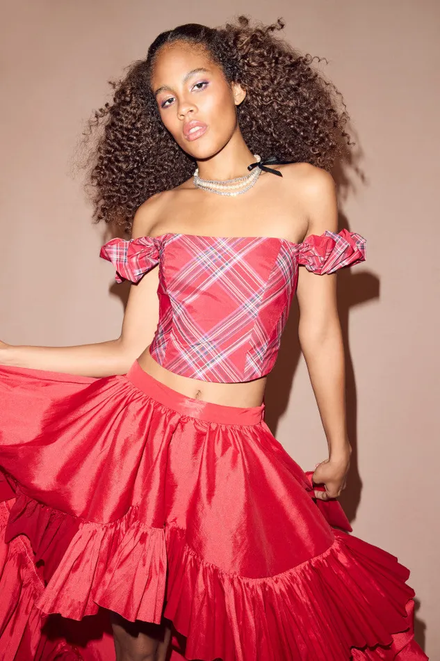 Tops Women LoveShackFancy Maryjane Tartan Bustier Top Cheery Red