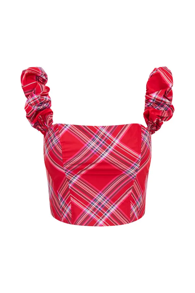 Tops Women LoveShackFancy Maryjane Tartan Bustier Top Cheery Red