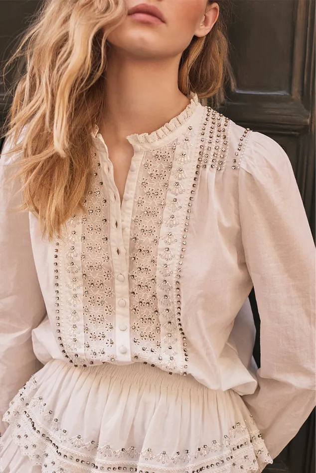 Tops Women LoveShackFancy Mildrene RhinestoneStudded Blouse White