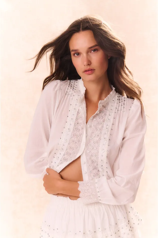 Tops Women LoveShackFancy Mildrene RhinestoneStudded Blouse White
