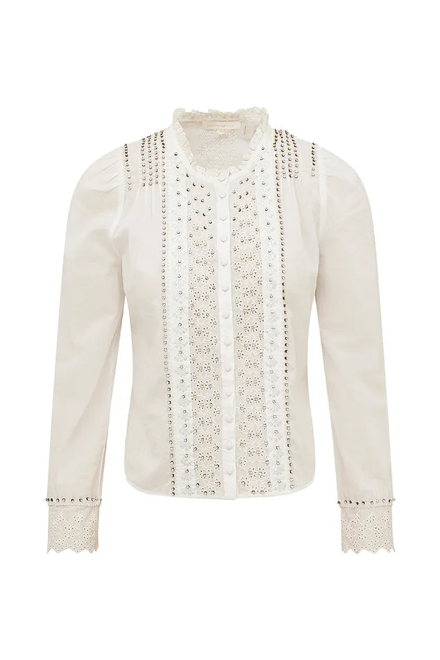 Tops Women LoveShackFancy Mildrene RhinestoneStudded Blouse White