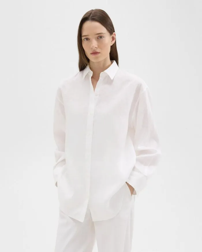 Tops Women Theory Boyfriend Shirt In Relaxed Linen White