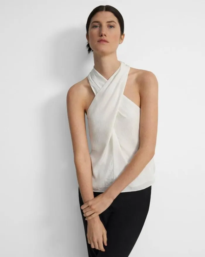 Tops Women Theory Twisted Halter Top In Washed Twill Ivory