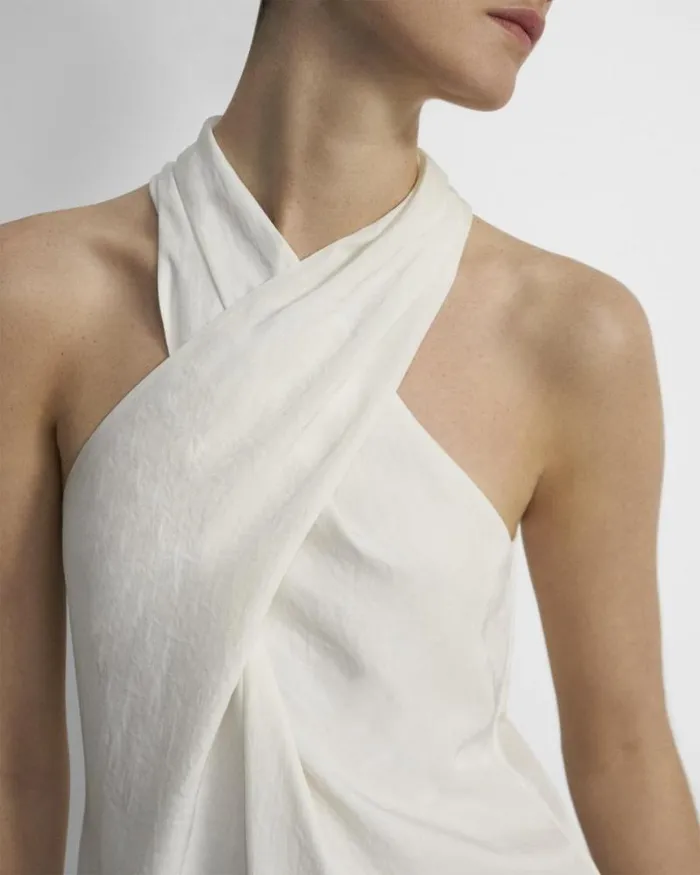 Tops Women Theory Twisted Halter Top In Washed Twill Ivory Tops Women Theory Twisted Halter Top In Washed Twill Ivory