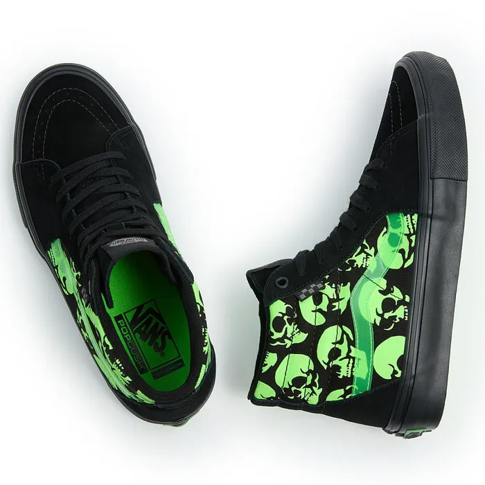 Vans HiTop Shoes Women Skate Sk8Hi Glow Skulls Shoes Green