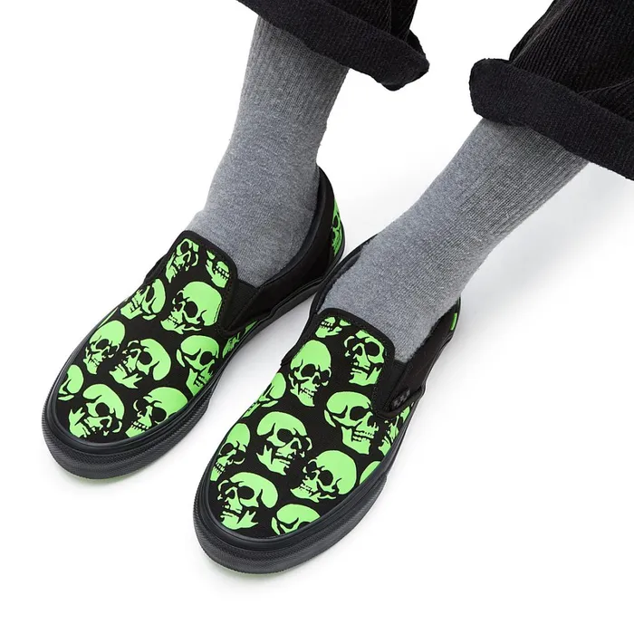 Vans Skate Shoes Women Skate SlipOn Glow Skulls Shoes Green