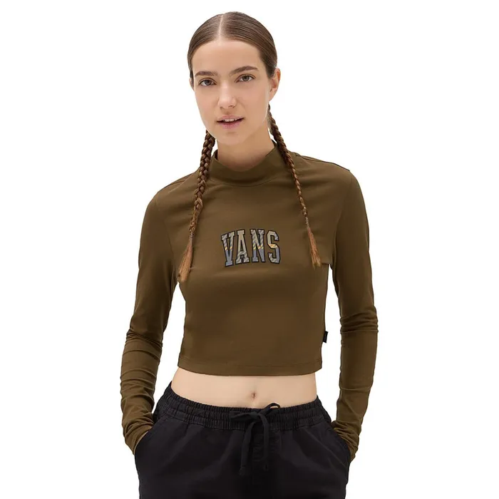 Vans Tshirts and Tops Women Varsity V Mock Neck Mini Long Sleeve TShirt Brown