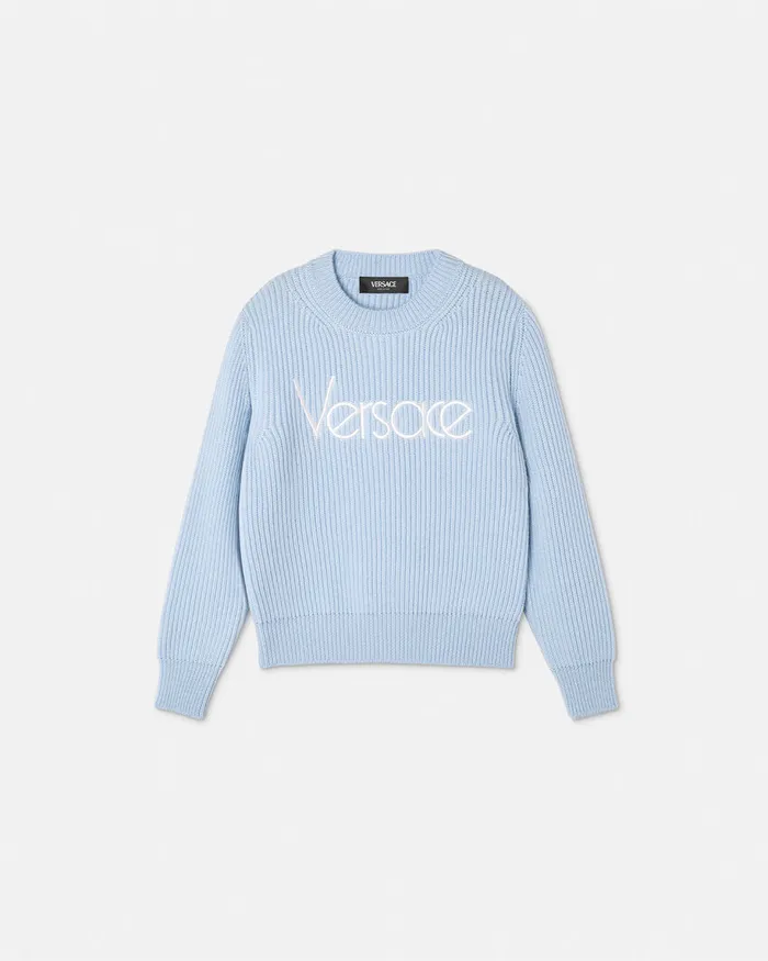 Versace 1978 ReEdition Logo Sweater Light Blue Kids Knitwear and Sweatshirts