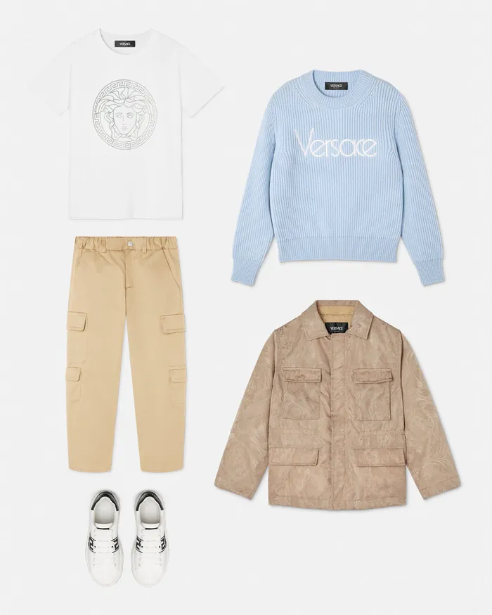 Versace 1978 ReEdition Logo Sweater Light Blue Kids Knitwear and Sweatshirts