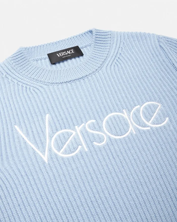 Versace 1978 ReEdition Logo Sweater Light Blue Kids Knitwear and Sweatshirts