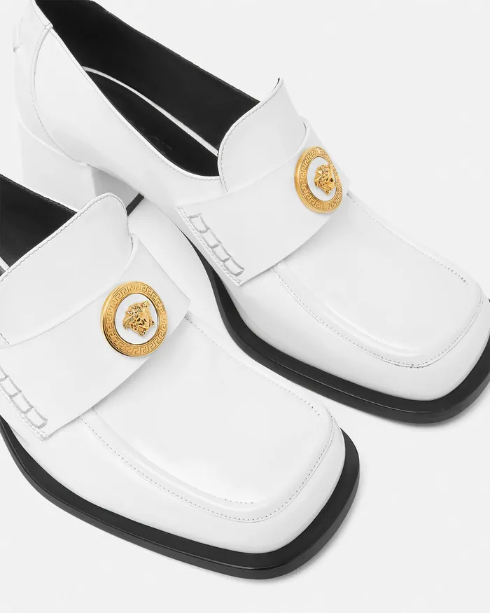 Versace Alia Patent Loafer Pumps 55 Mm White Women Loafers and Flats
