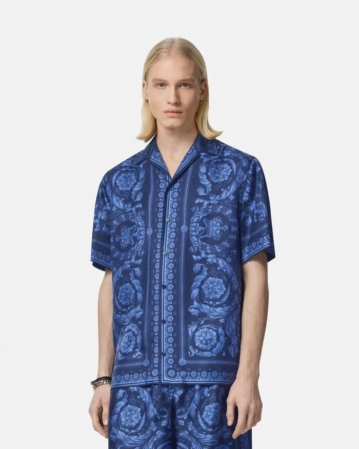 Versace Barocco Silk Shirt Blueprint Men Shirts