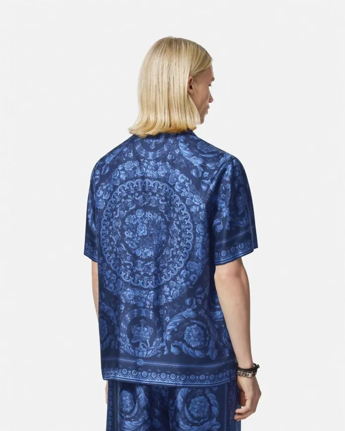 Versace Barocco Silk Shirt Blueprint Men Shirts