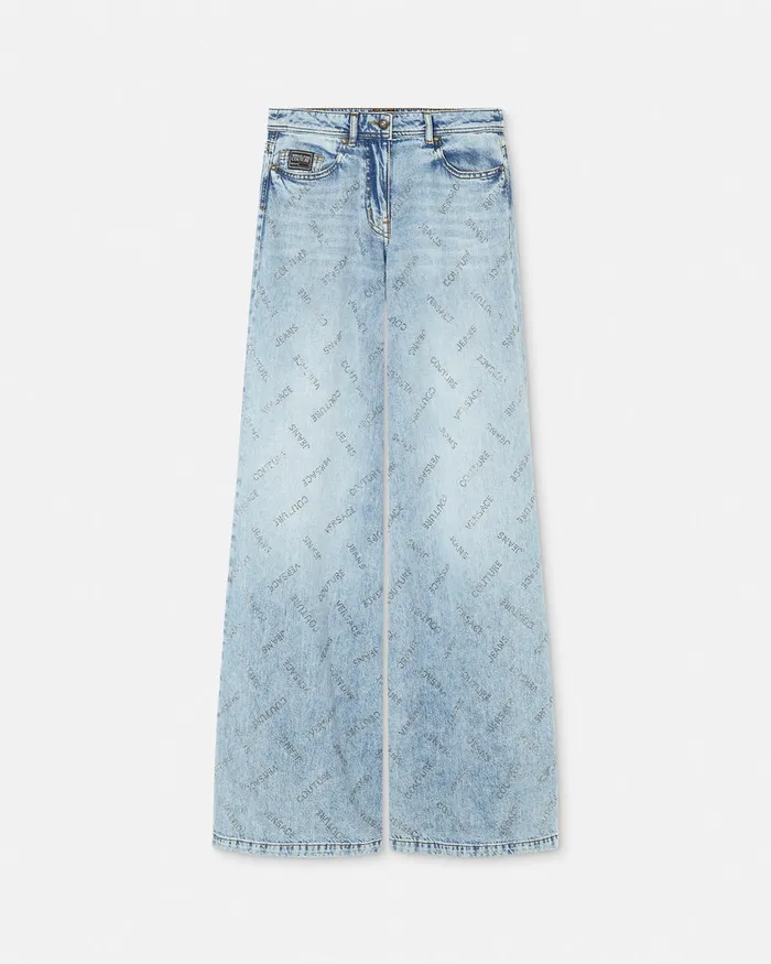 Versace Crystal Logo Flared Jeans Blue Women Jeans Couture