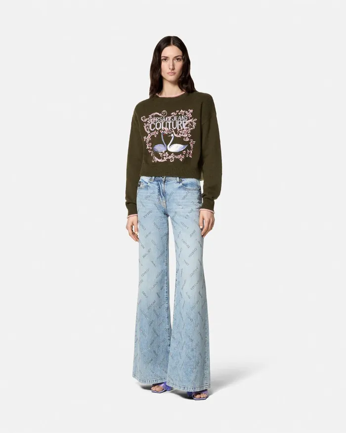 Versace Crystal Logo Flared Jeans Blue Women Jeans Couture