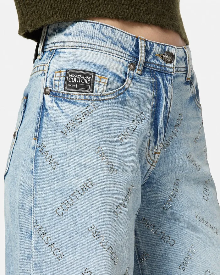 Versace Crystal Logo Flared Jeans Blue Women Jeans Couture