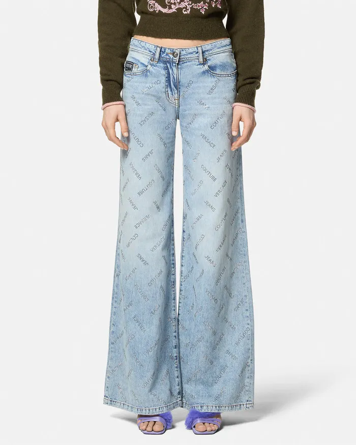 Versace Crystal Logo Flared Jeans Blue Women Jeans Couture
