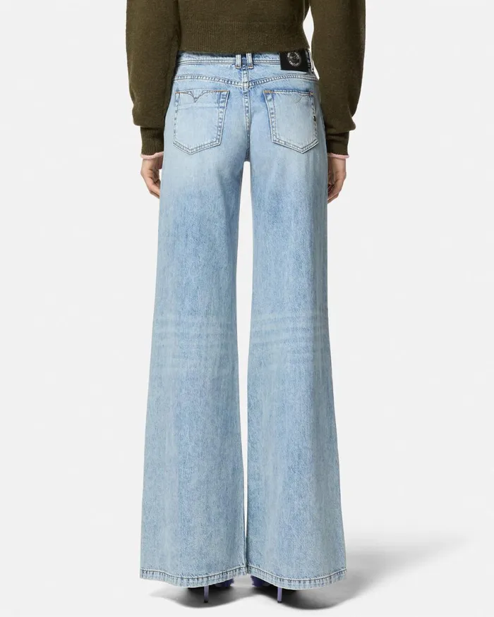 Versace Crystal Logo Flared Jeans Blue Women Jeans Couture