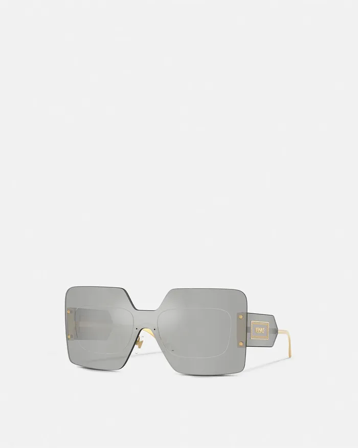 Versace Damier Plaque Squared Shield Sunglasses Silvergold Women Sunglasses
