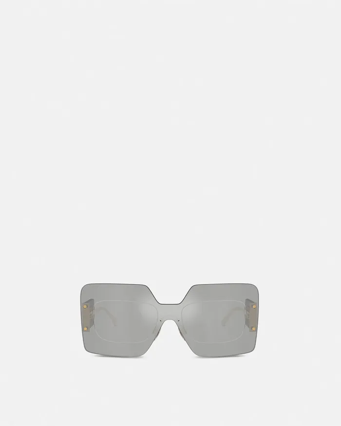 Versace Damier Plaque Squared Shield Sunglasses Silvergold Women Sunglasses