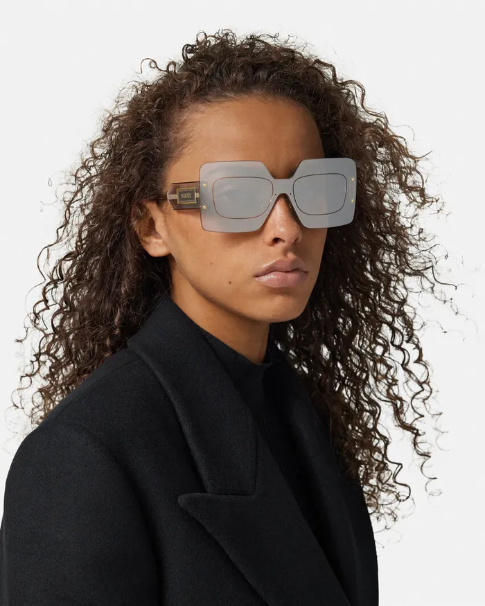 Versace Damier Plaque Squared Shield Sunglasses Silvergold Women Sunglasses