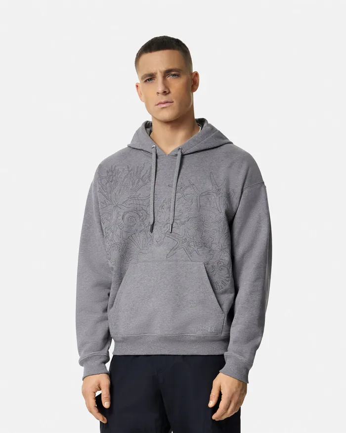 Versace Embroidered Barocco Sea Hoodie Gray Men Sweatshirts
