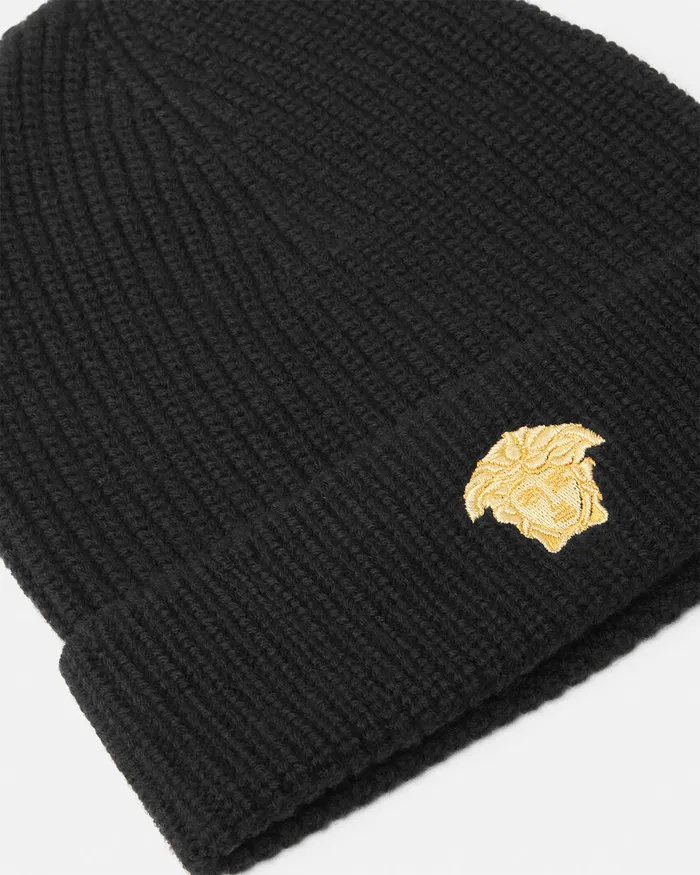 Versace Embroidered Medusa Knit Beanie Black Kids Bags and Accessories