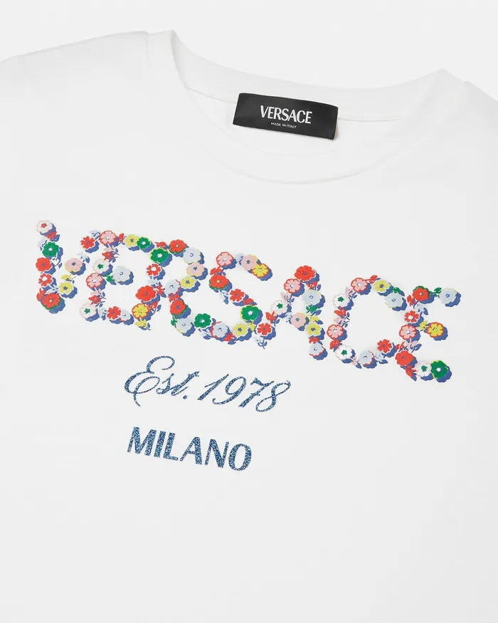 Versace Falling Flowers Logo TShirt Whiteprint Kids Shirts and Tshirts